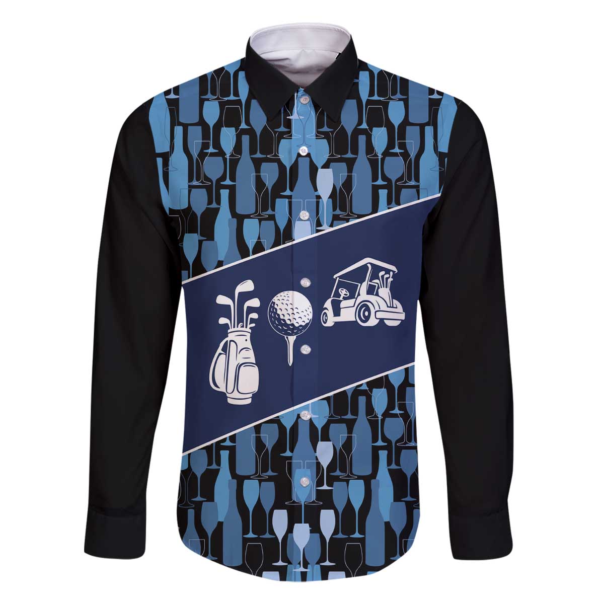Custom Blue Wine Camo Pattern Golf Family Matching Off The Shoulder Long Sleeve Dress and Hawaiian Shirt with Blue Golf Club Pattern Cart and Ball Graphic - Wonder Print Shop