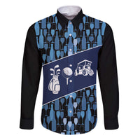 Custom Blue Wine Camo Pattern Golf Family Matching Off The Shoulder Long Sleeve Dress and Hawaiian Shirt with Blue Golf Club Pattern Cart and Ball Graphic - Wonder Print Shop