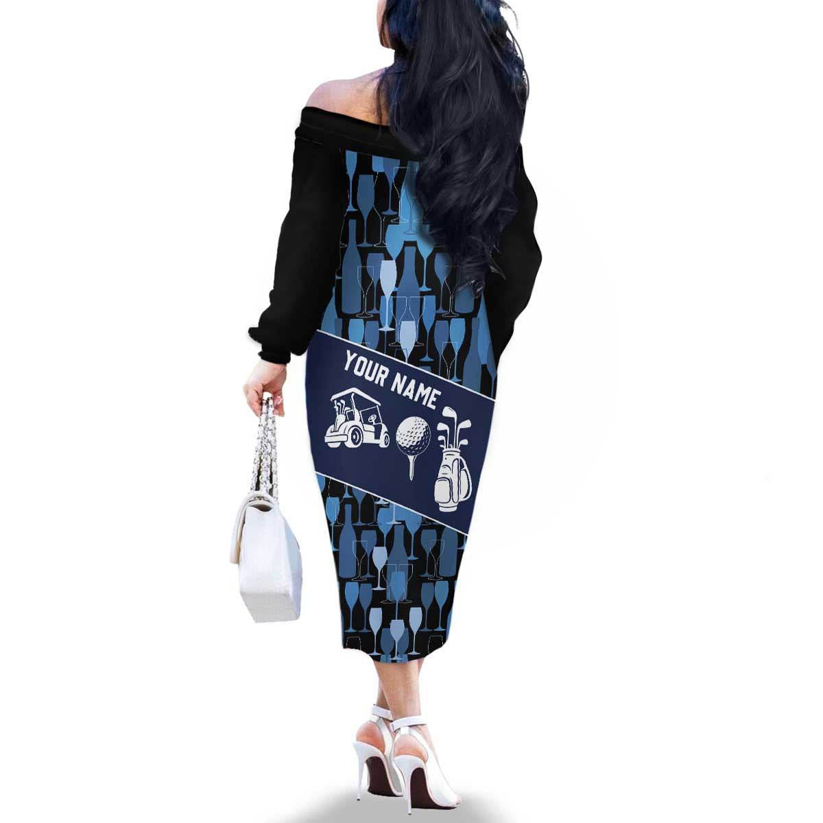 Custom Blue Wine Camo Pattern Golf Family Matching Off The Shoulder Long Sleeve Dress and Hawaiian Shirt with Blue Golf Club Pattern Cart and Ball Graphic - Wonder Print Shop