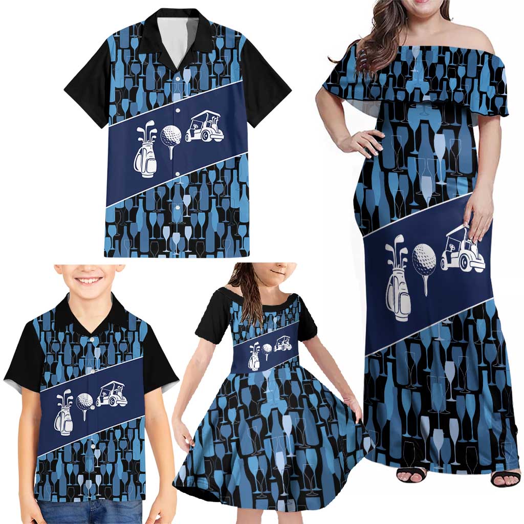Custom Blue Wine Camo Pattern Golf Family Matching Off Shoulder Maxi Dress and Hawaiian Shirt with Blue Golf Club Pattern Cart and Ball Graphic - Wonder Print Shop