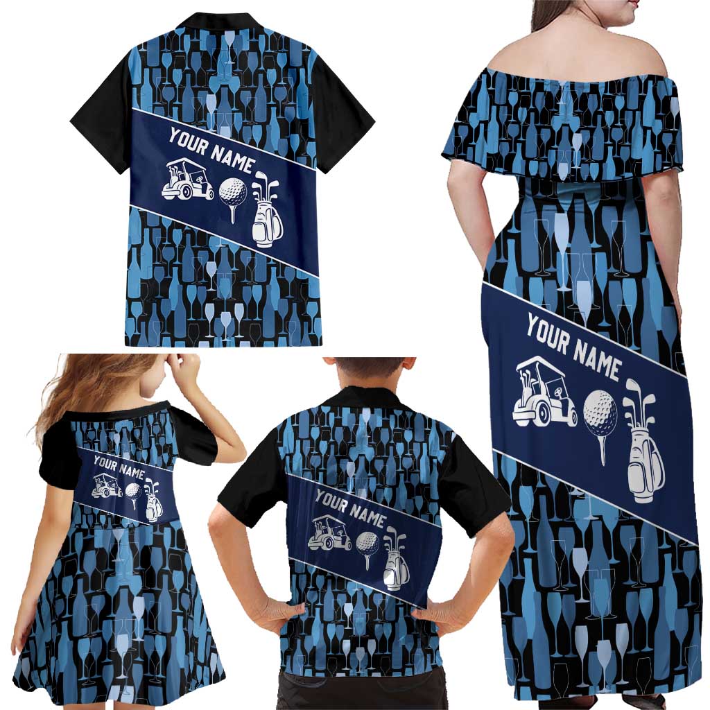 Custom Blue Wine Camo Pattern Golf Family Matching Off Shoulder Maxi Dress and Hawaiian Shirt with Blue Golf Club Pattern Cart and Ball Graphic - Wonder Print Shop