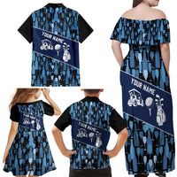 Custom Blue Wine Camo Pattern Golf Family Matching Off Shoulder Maxi Dress and Hawaiian Shirt with Blue Golf Club Pattern Cart and Ball Graphic - Wonder Print Shop