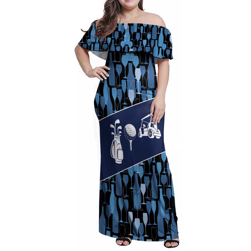 Custom Blue Wine Camo Pattern Golf Family Matching Off Shoulder Maxi Dress and Hawaiian Shirt with Blue Golf Club Pattern Cart and Ball Graphic - Wonder Print Shop