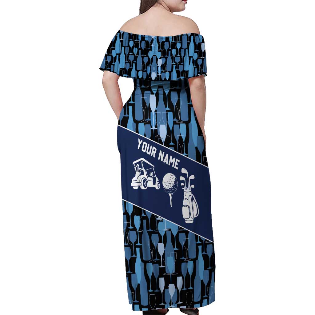 Custom Blue Wine Camo Pattern Golf Family Matching Off Shoulder Maxi Dress and Hawaiian Shirt with Blue Golf Club Pattern Cart and Ball Graphic - Wonder Print Shop