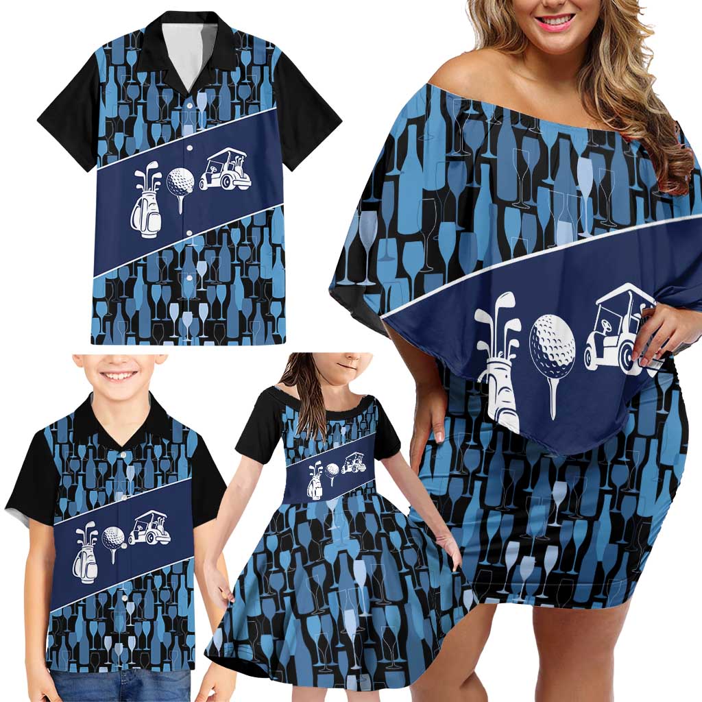 Custom Blue Wine Camo Pattern Golf Family Matching Off Shoulder Short Dress and Hawaiian Shirt with Blue Golf Club Pattern Cart and Ball Graphic - Wonder Print Shop