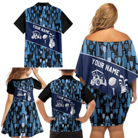 Custom Blue Wine Camo Pattern Golf Family Matching Off Shoulder Short Dress and Hawaiian Shirt with Blue Golf Club Pattern Cart and Ball Graphic - Wonder Print Shop
