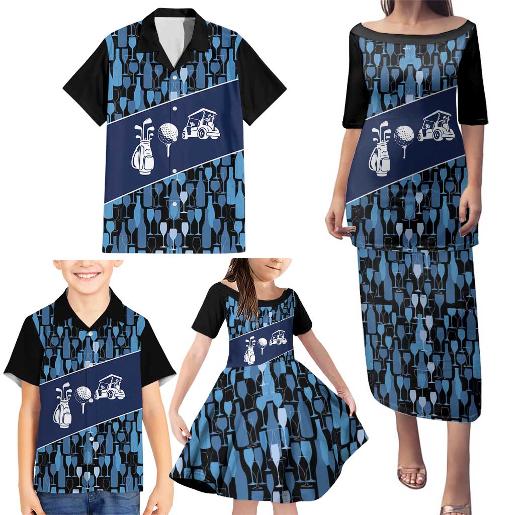 Custom Blue Wine Camo Pattern Golf Family Matching Puletasi and Hawaiian Shirt with Blue Golf Club Pattern Cart and Ball Graphic - Wonder Print Shop