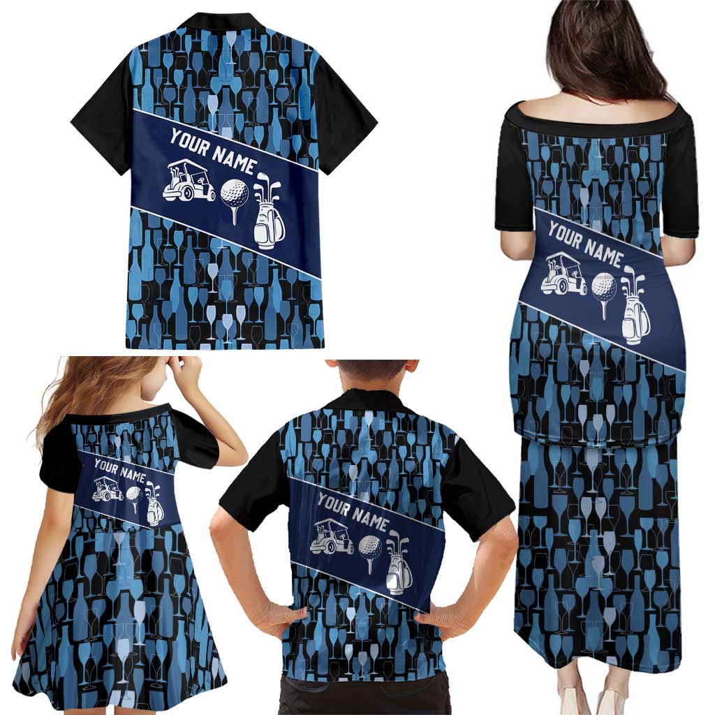 Custom Blue Wine Camo Pattern Golf Family Matching Puletasi and Hawaiian Shirt with Blue Golf Club Pattern Cart and Ball Graphic - Wonder Print Shop