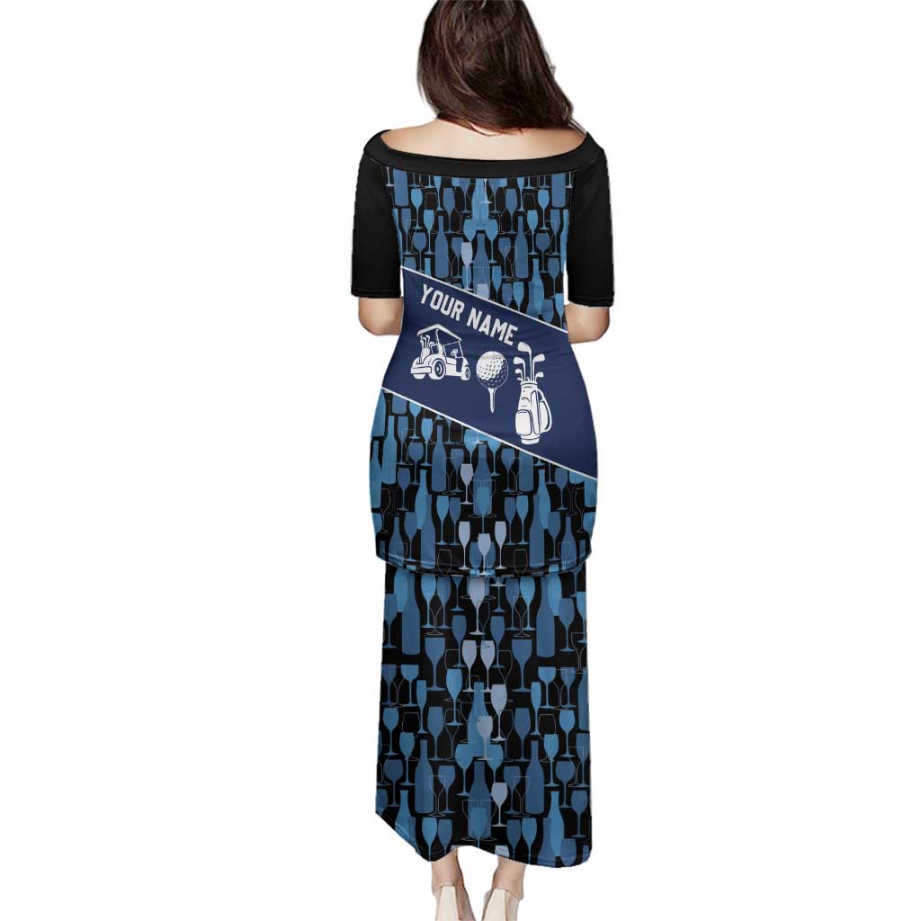 Custom Blue Wine Camo Pattern Golf Family Matching Puletasi and Hawaiian Shirt with Blue Golf Club Pattern Cart and Ball Graphic - Wonder Print Shop