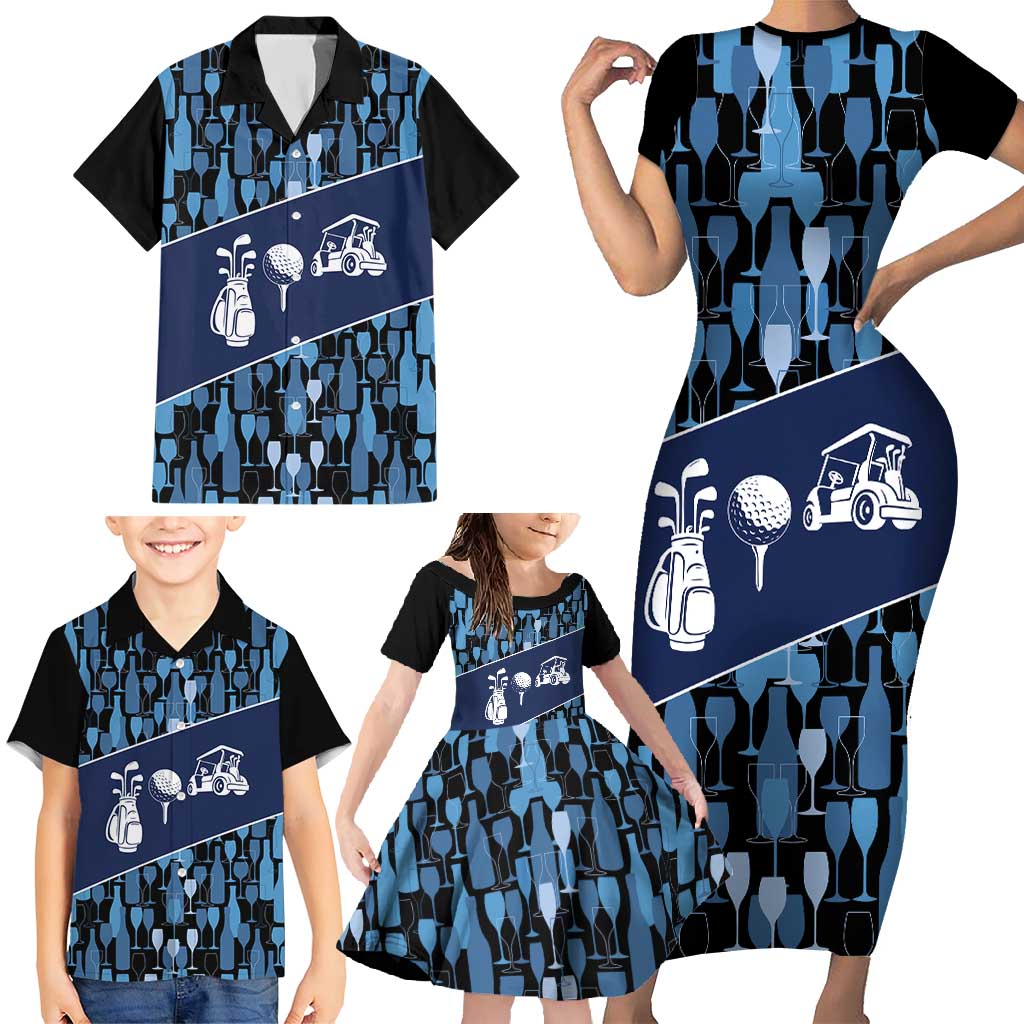 Custom Blue Wine Camo Pattern Golf Family Matching Short Sleeve Bodycon Dress and Hawaiian Shirt with Blue Golf Club Pattern Cart and Ball Graphic - Wonder Print Shop