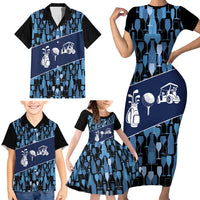 Custom Blue Wine Camo Pattern Golf Family Matching Short Sleeve Bodycon Dress and Hawaiian Shirt with Blue Golf Club Pattern Cart and Ball Graphic - Wonder Print Shop