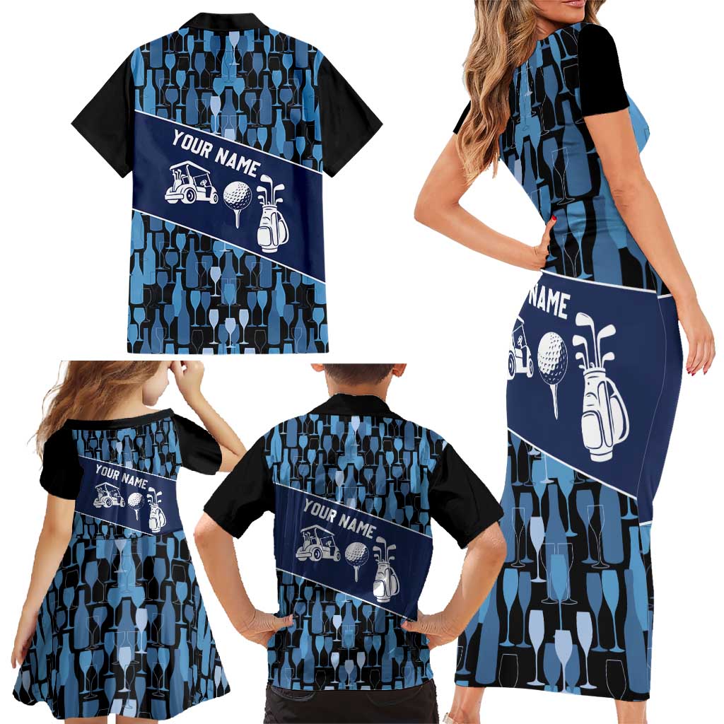 Custom Blue Wine Camo Pattern Golf Family Matching Short Sleeve Bodycon Dress and Hawaiian Shirt with Blue Golf Club Pattern Cart and Ball Graphic - Wonder Print Shop