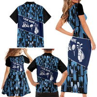 Custom Blue Wine Camo Pattern Golf Family Matching Short Sleeve Bodycon Dress and Hawaiian Shirt with Blue Golf Club Pattern Cart and Ball Graphic - Wonder Print Shop