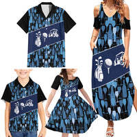 Custom Blue Wine Camo Pattern Golf Family Matching Summer Maxi Dress and Hawaiian Shirt with Blue Golf Club Pattern Cart and Ball Graphic - Wonder Print Shop