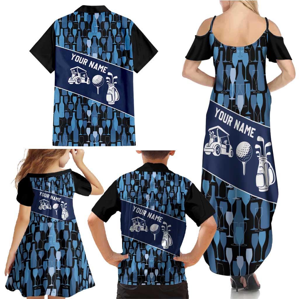 Custom Blue Wine Camo Pattern Golf Family Matching Summer Maxi Dress and Hawaiian Shirt with Blue Golf Club Pattern Cart and Ball Graphic - Wonder Print Shop