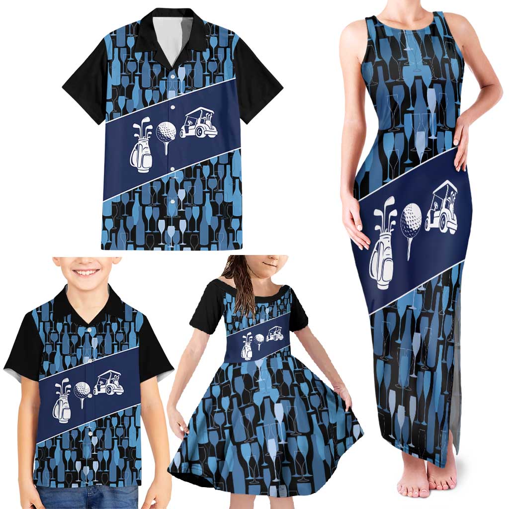 Custom Blue Wine Camo Pattern Golf Family Matching Tank Maxi Dress and Hawaiian Shirt with Blue Golf Club Pattern Cart and Ball Graphic - Wonder Print Shop