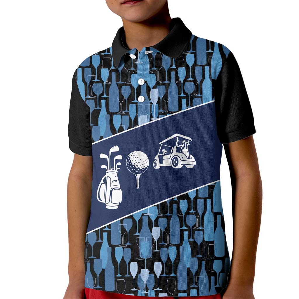 Custom Blue Wine Camo Pattern Golf Kid Polo Shirt with Blue Golf Club Pattern Cart and Ball Graphic - Wonder Print Shop