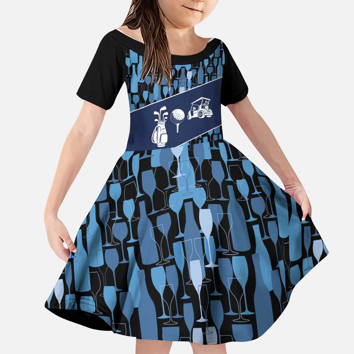 Custom Blue Wine Camo Pattern Golf Kid Short Sleeve Dress with Blue Golf Club Pattern Cart and Ball Graphic - Wonder Print Shop
