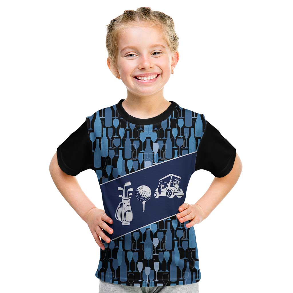 Custom Blue Wine Camo Pattern Golf Kid T Shirt with Blue Golf Club Pattern Cart and Ball Graphic - Wonder Print Shop