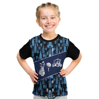 Custom Blue Wine Camo Pattern Golf Kid T Shirt with Blue Golf Club Pattern Cart and Ball Graphic - Wonder Print Shop
