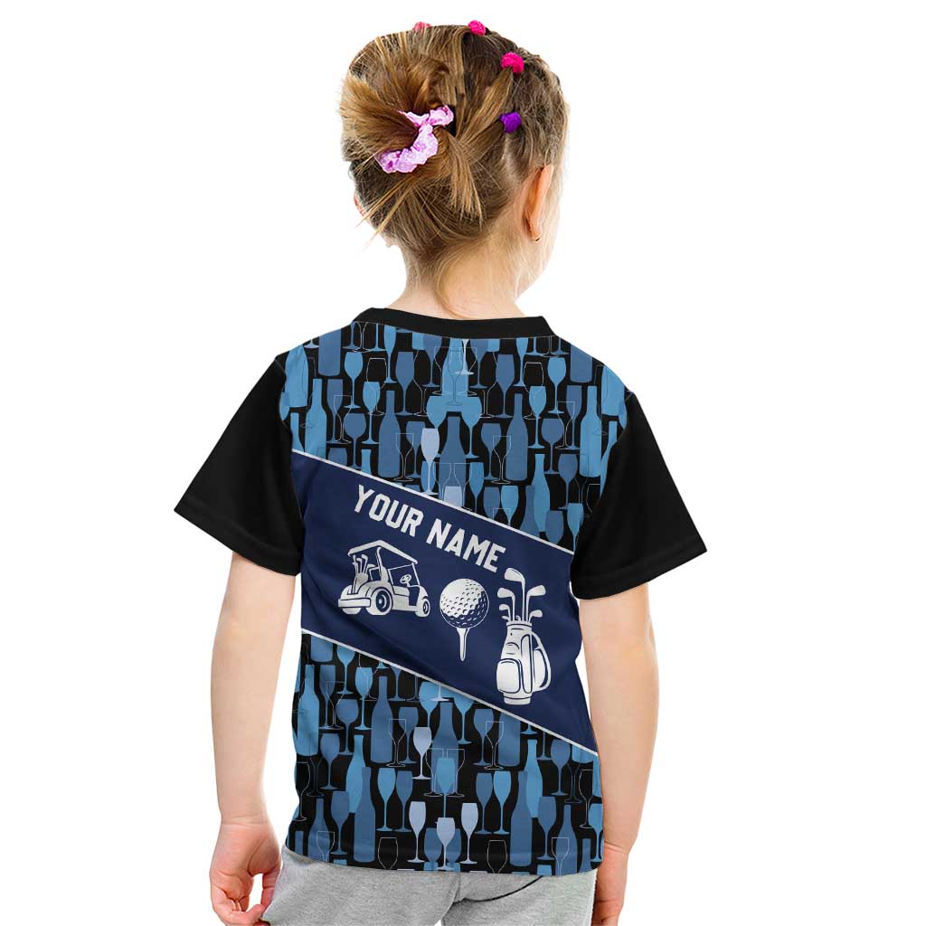 Custom Blue Wine Camo Pattern Golf Kid T Shirt with Blue Golf Club Pattern Cart and Ball Graphic - Wonder Print Shop