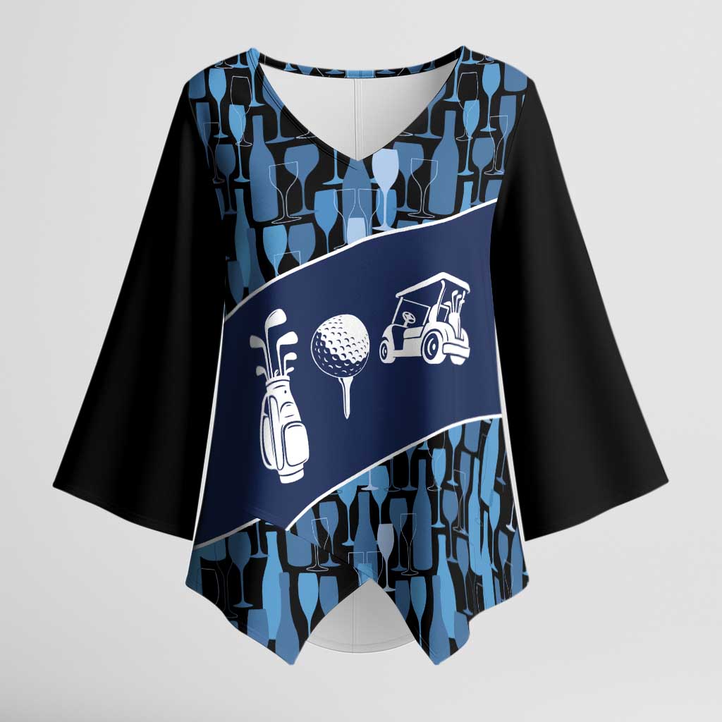 Custom Blue Wine Camo Pattern Golf Kimono Sleeve Blouse with Blue Golf Club Pattern Cart and Ball Graphic - Wonder Print Shop