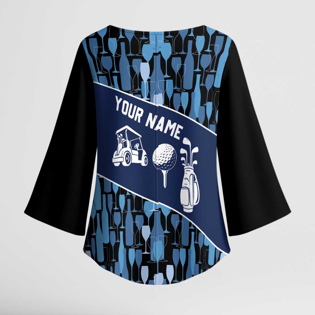 Custom Blue Wine Camo Pattern Golf Kimono Sleeve Blouse with Blue Golf Club Pattern Cart and Ball Graphic - Wonder Print Shop