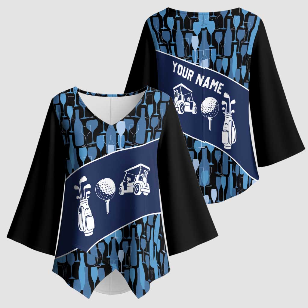 Custom Blue Wine Camo Pattern Golf Kimono Sleeve Blouse with Blue Golf Club Pattern Cart and Ball Graphic - Wonder Print Shop