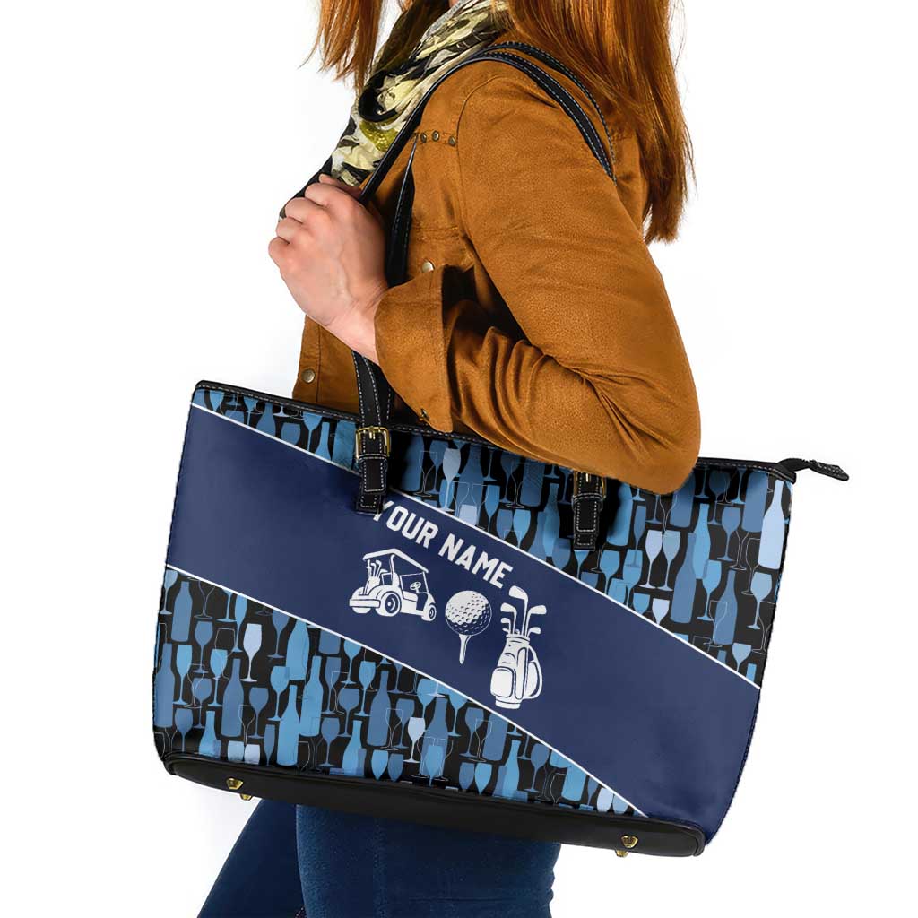 Custom Blue Wine Camo Pattern Golf Leather Tote Bag with Blue Golf Club Pattern Cart and Ball Graphic - Wonder Print Shop