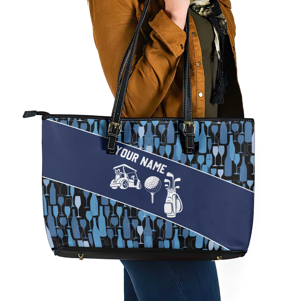 Custom Blue Wine Camo Pattern Golf Leather Tote Bag with Blue Golf Club Pattern Cart and Ball Graphic - Wonder Print Shop