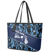 Custom Blue Wine Camo Pattern Golf Leather Tote Bag with Blue Golf Club Pattern Cart and Ball Graphic - Wonder Print Shop
