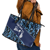 Custom Blue Wine Camo Pattern Golf Leather Tote Bag with Blue Golf Club Pattern Cart and Ball Graphic - Wonder Print Shop