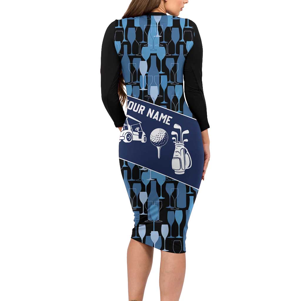 Custom Blue Wine Camo Pattern Golf Long Sleeve Bodycon Dress with Blue Golf Club Pattern Cart and Ball Graphic - Wonder Print Shop