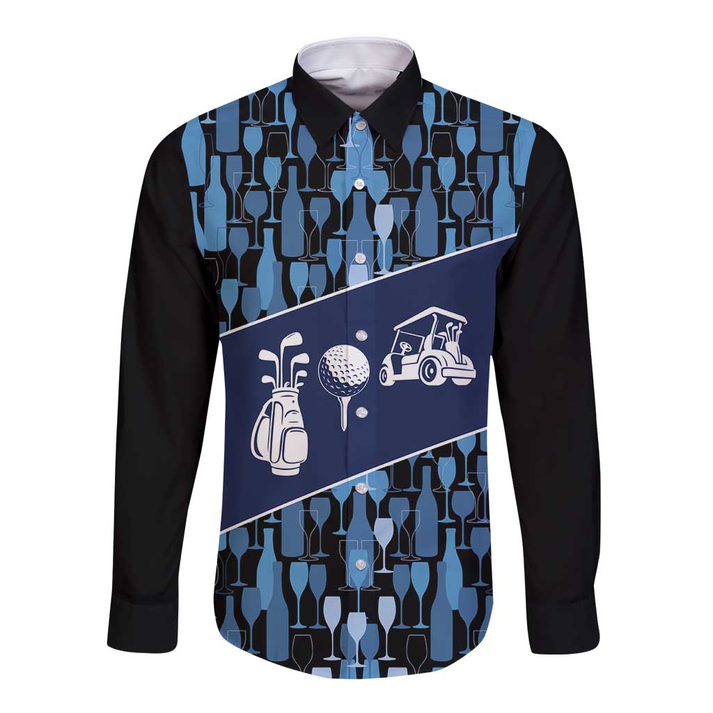 Custom Blue Wine Camo Pattern Golf Long Sleeve Button Shirt with Blue Golf Club Pattern Cart and Ball Graphic - Wonder Print Shop