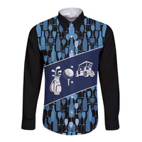 Custom Blue Wine Camo Pattern Golf Long Sleeve Button Shirt with Blue Golf Club Pattern Cart and Ball Graphic - Wonder Print Shop