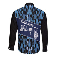 Custom Blue Wine Camo Pattern Golf Long Sleeve Button Shirt with Blue Golf Club Pattern Cart and Ball Graphic - Wonder Print Shop
