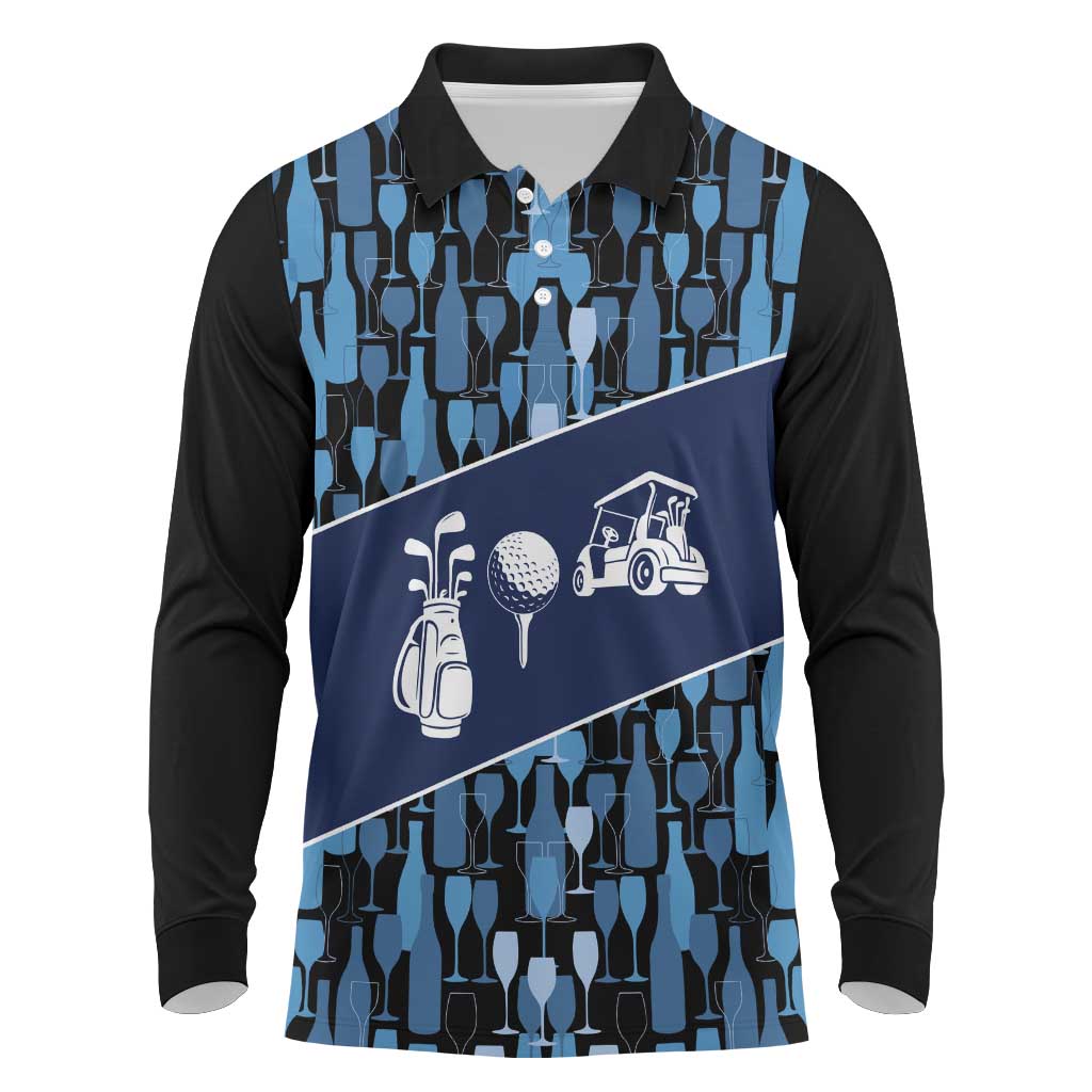 Custom Blue Wine Camo Pattern Golf Long Sleeve Polo Shirt with Blue Golf Club Pattern Cart and Ball Graphic - Wonder Print Shop