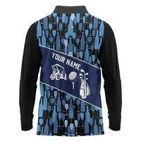 Custom Blue Wine Camo Pattern Golf Long Sleeve Polo Shirt with Blue Golf Club Pattern Cart and Ball Graphic - Wonder Print Shop