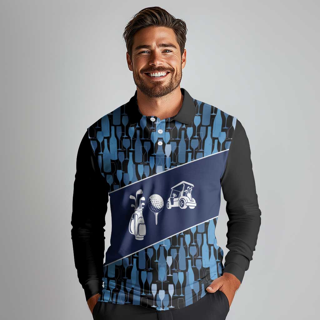 Custom Blue Wine Camo Pattern Golf Long Sleeve Polo Shirt with Blue Golf Club Pattern Cart and Ball Graphic - Wonder Print Shop