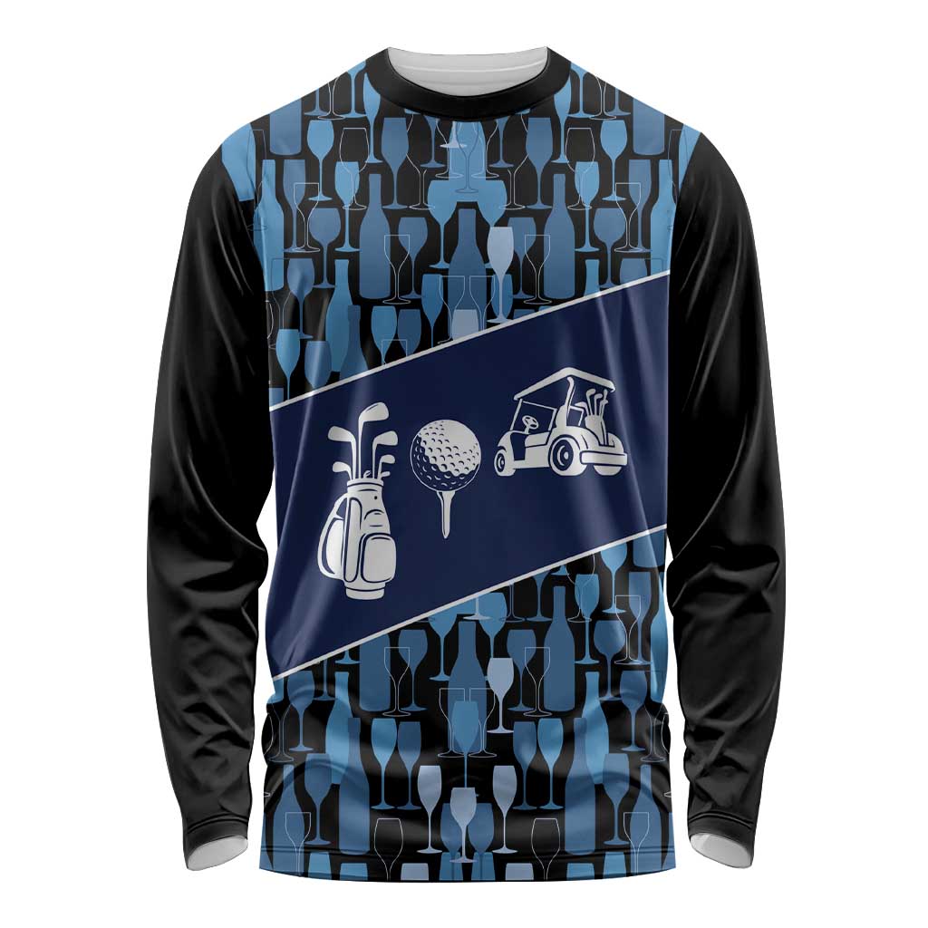 Custom Blue Wine Camo Pattern Golf Long Sleeve Shirt with Blue Golf Club Pattern Cart and Ball Graphic - Wonder Print Shop