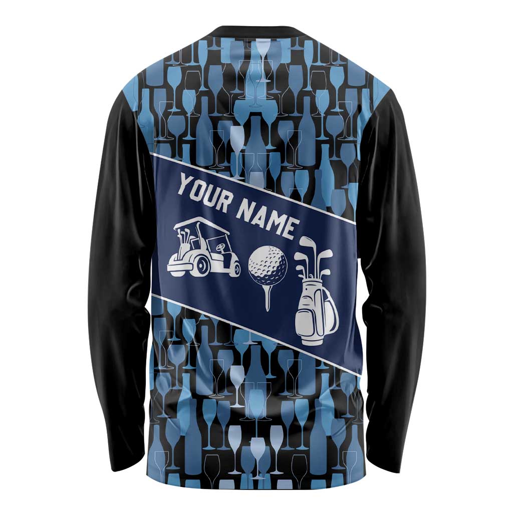 Custom Blue Wine Camo Pattern Golf Long Sleeve Shirt with Blue Golf Club Pattern Cart and Ball Graphic - Wonder Print Shop