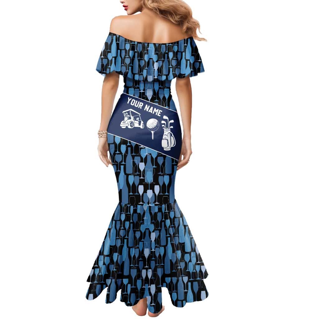 Custom Blue Wine Camo Pattern Golf Mermaid Dress with Blue Golf Club Pattern Cart and Ball Graphic - Wonder Print Shop