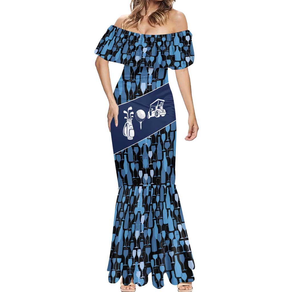 Custom Blue Wine Camo Pattern Golf Mermaid Dress with Blue Golf Club Pattern Cart and Ball Graphic - Wonder Print Shop