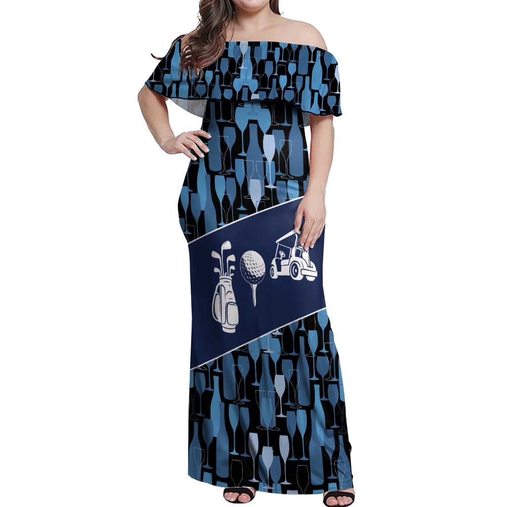 Custom Blue Wine Camo Pattern Golf Off Shoulder Maxi Dress with Blue Golf Club Pattern Cart and Ball Graphic - Wonder Print Shop