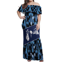 Custom Blue Wine Camo Pattern Golf Off Shoulder Maxi Dress with Blue Golf Club Pattern Cart and Ball Graphic - Wonder Print Shop