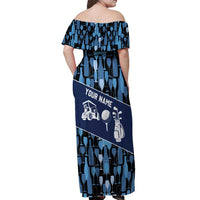 Custom Blue Wine Camo Pattern Golf Off Shoulder Maxi Dress with Blue Golf Club Pattern Cart and Ball Graphic - Wonder Print Shop