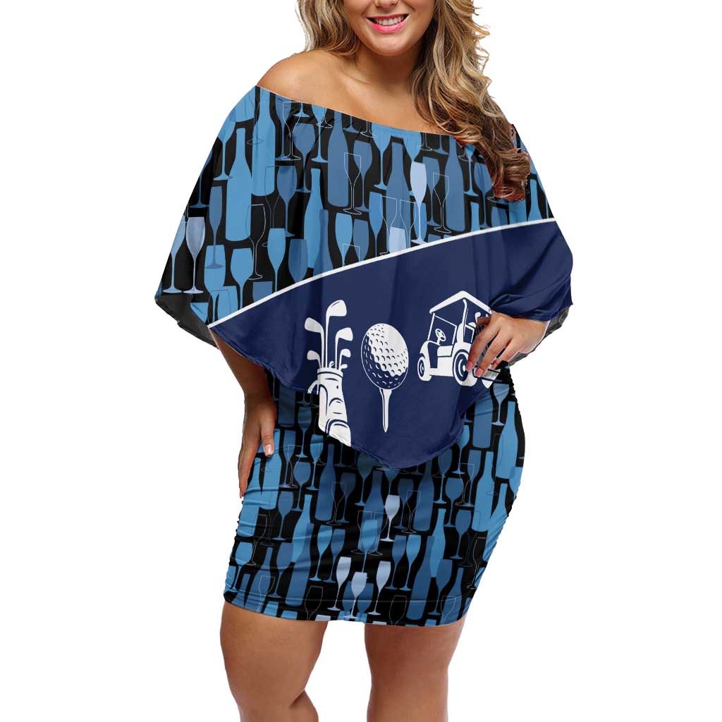 Custom Blue Wine Camo Pattern Golf Off Shoulder Short Dress with Blue Golf Club Pattern Cart and Ball Graphic - Wonder Print Shop