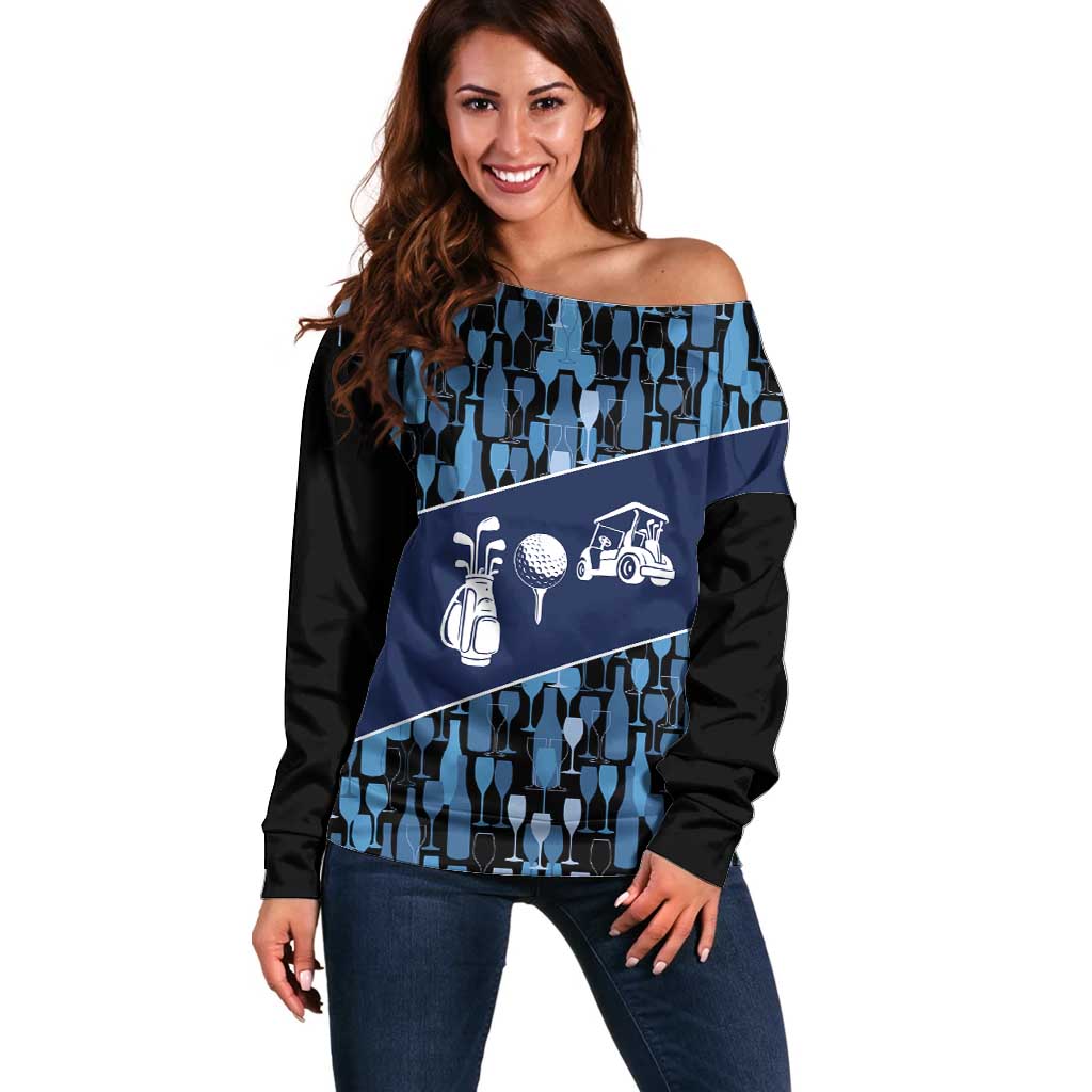 Custom Blue Wine Camo Pattern Golf Off Shoulder Sweater with Blue Golf Club Pattern Cart and Ball Graphic - Wonder Print Shop