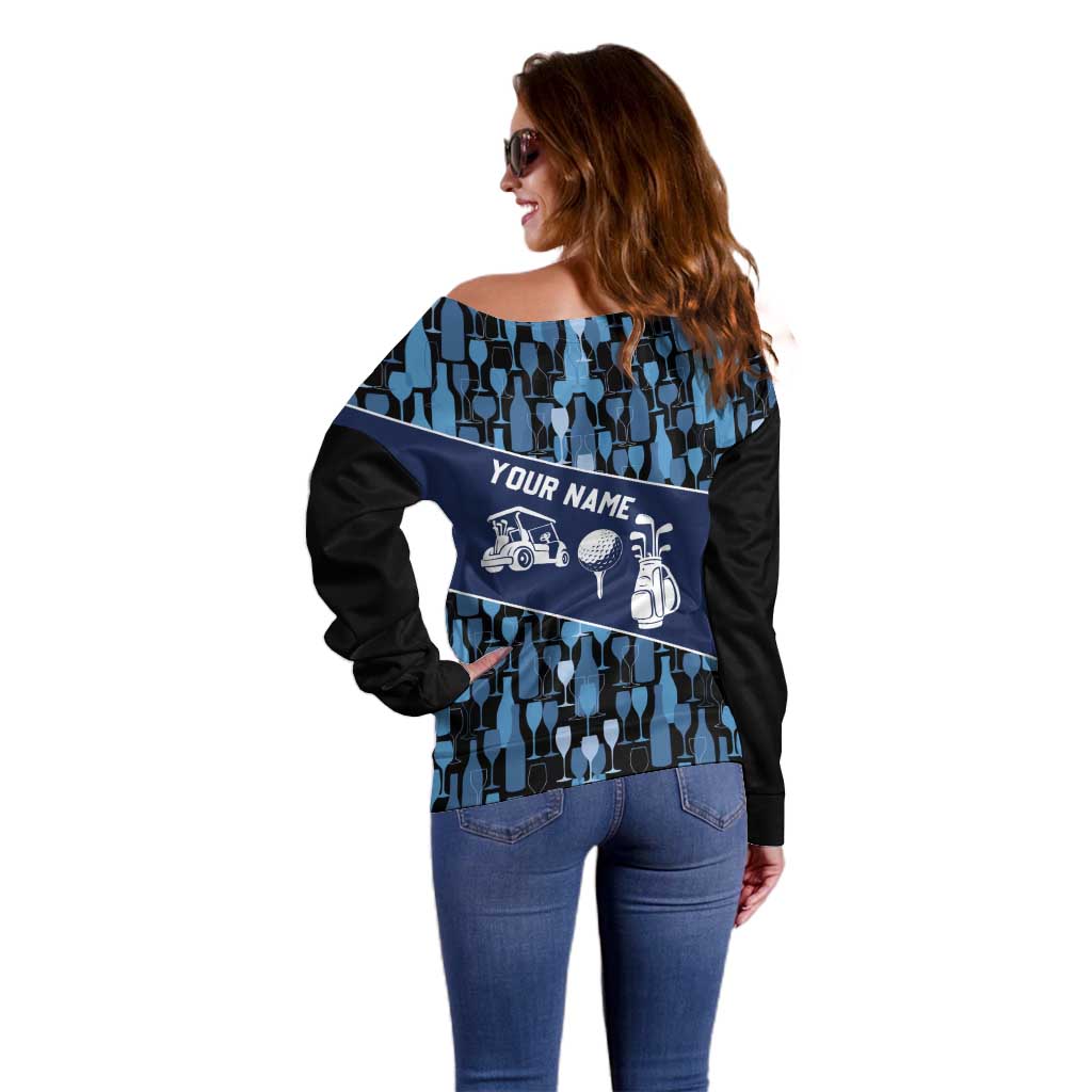 Custom Blue Wine Camo Pattern Golf Off Shoulder Sweater with Blue Golf Club Pattern Cart and Ball Graphic - Wonder Print Shop