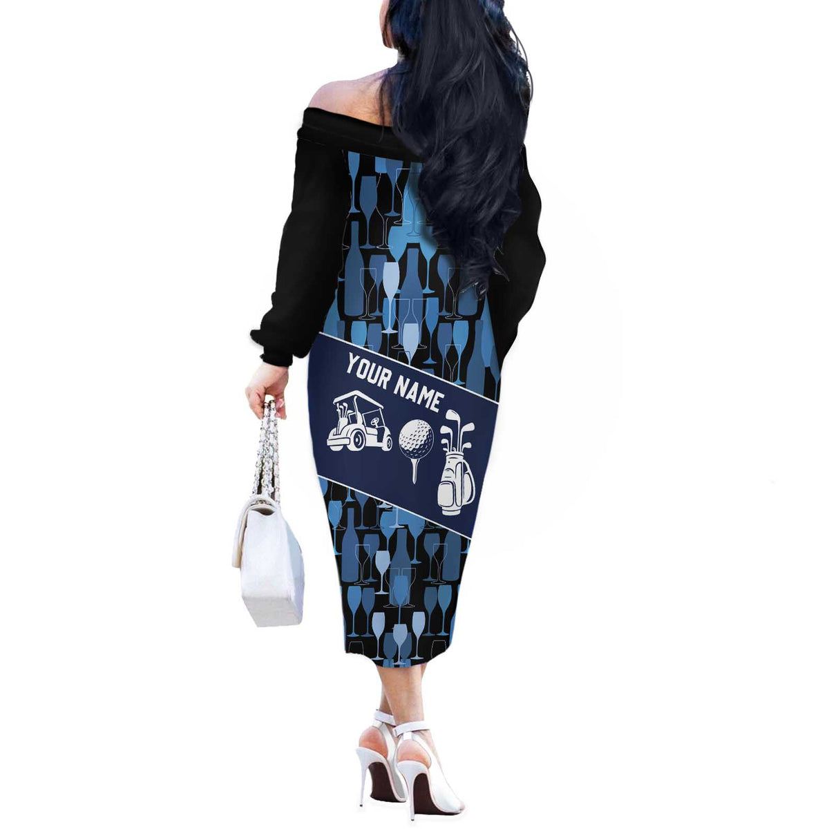 Custom Blue Wine Camo Pattern Golf Off The Shoulder Long Sleeve Dress with Blue Golf Club Pattern Cart and Ball Graphic - Wonder Print Shop